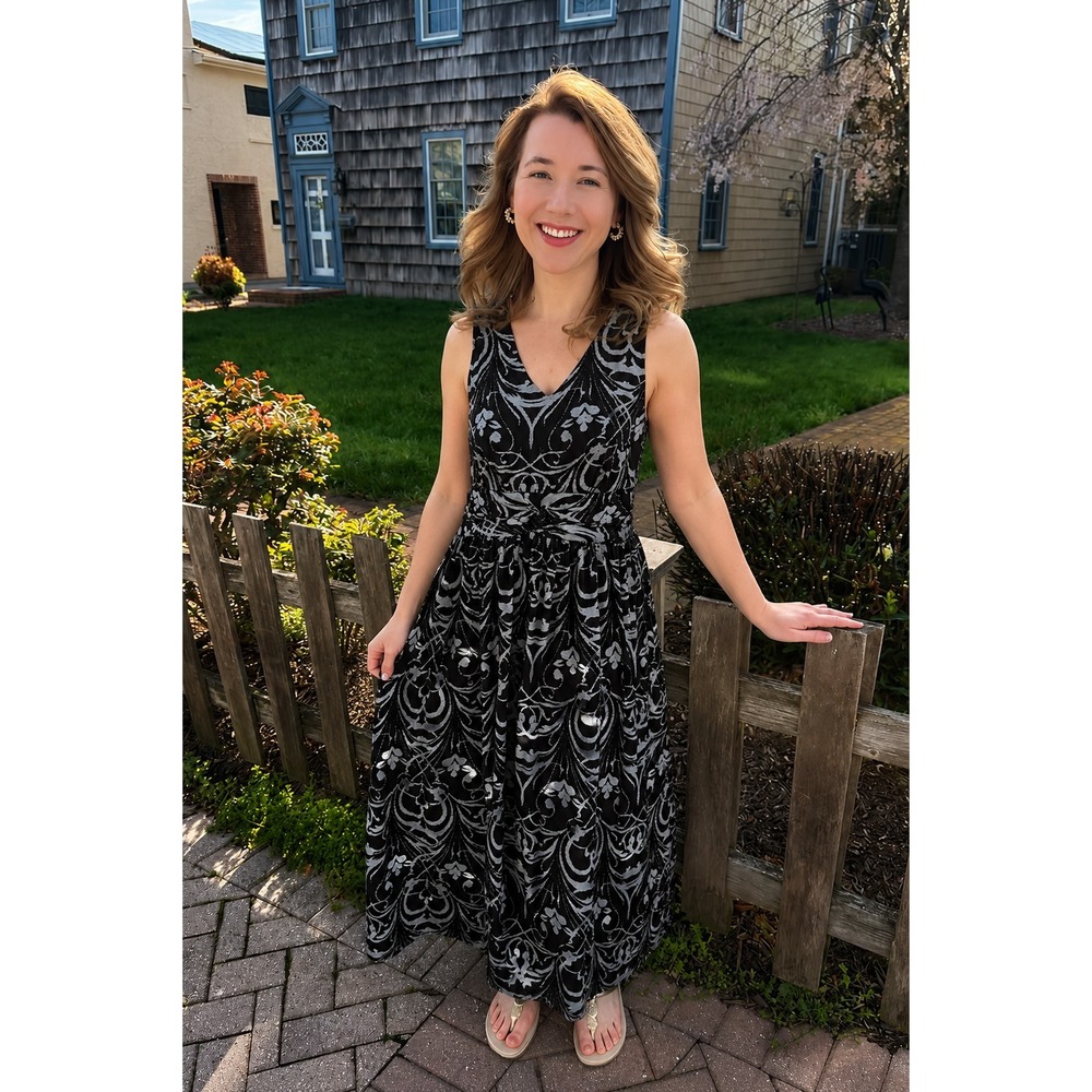 Fresh Produce Vintage Dress Sz M Black Boho Print Maxi Jersey USA Made 90s Beach